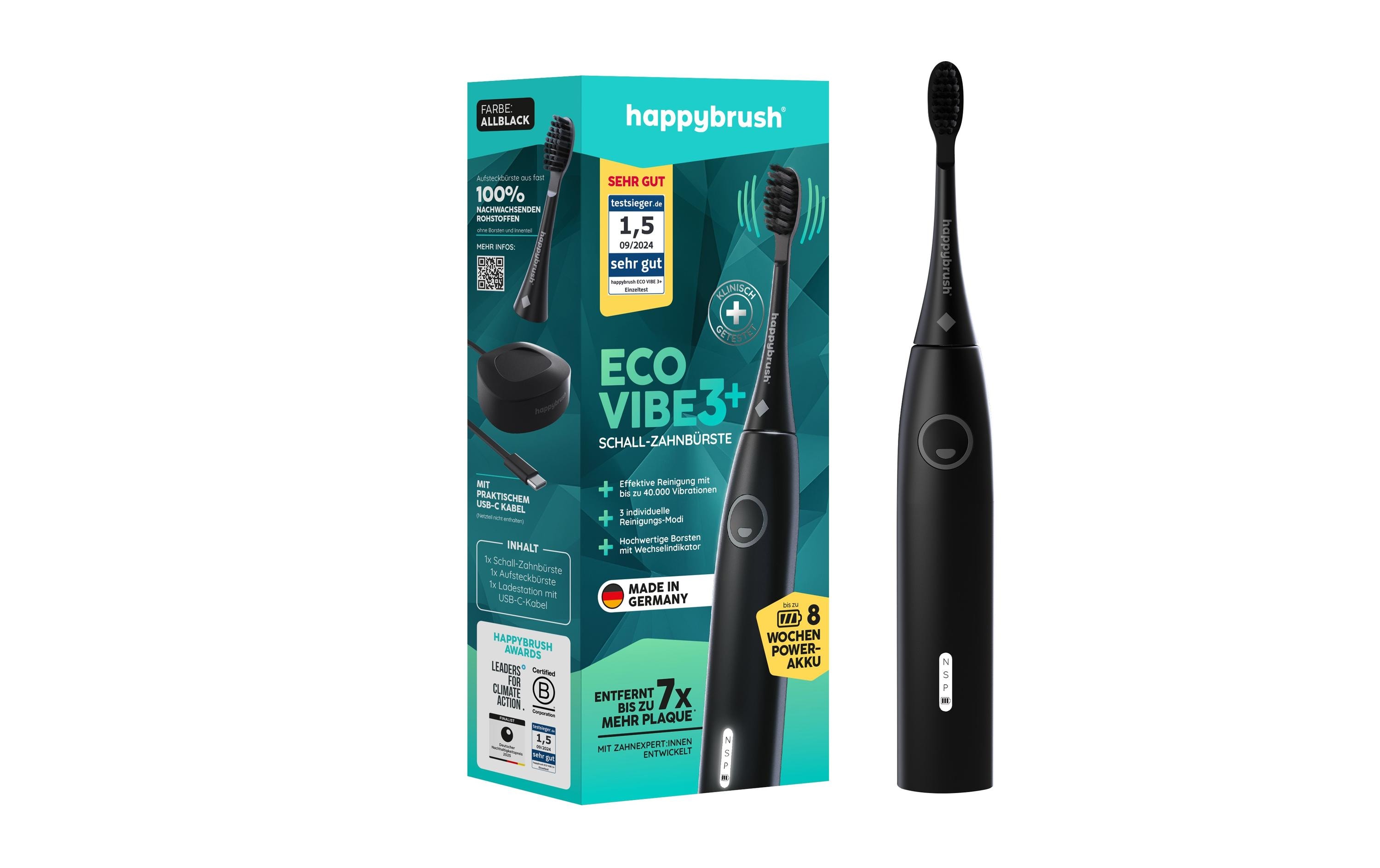 happybrush Schallzahnbürste StarterKit Eco Vibe V3+ Black