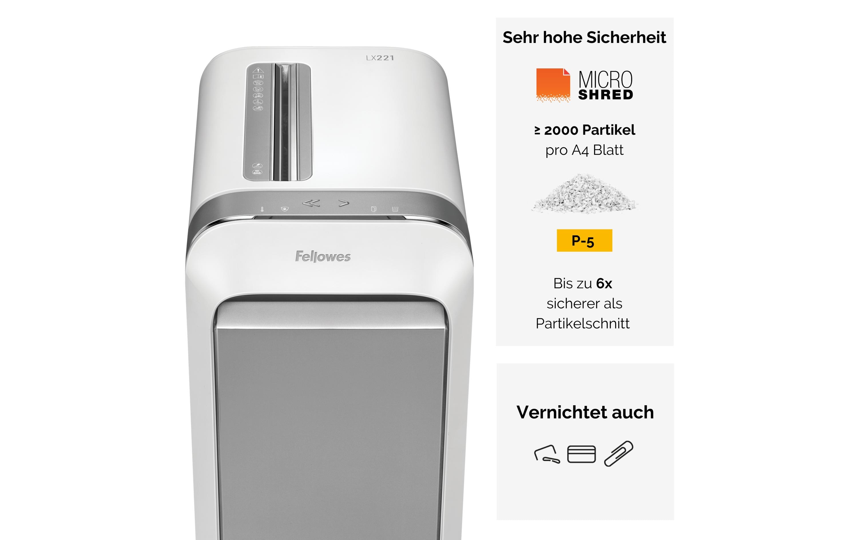 Fellowes Aktenvernichter LX221 P-5, 20 Seiten, Weiss