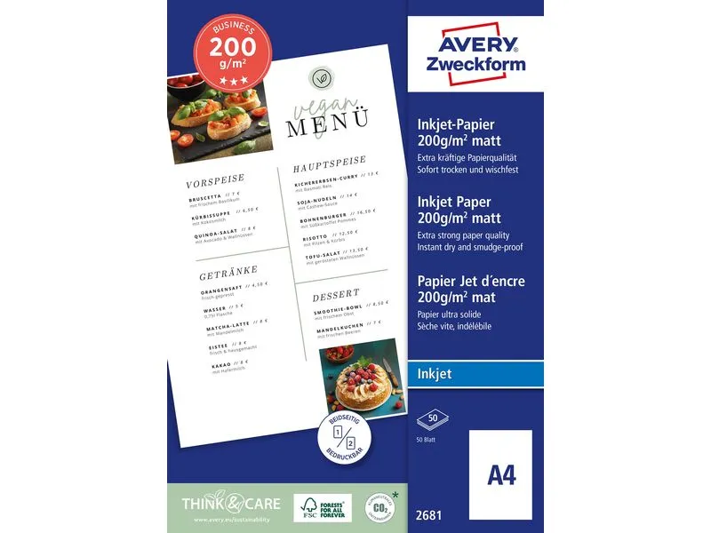 Avery Zweckform Fotopapier A4, weiss matt, 50 Blatt Avery Zweckform Fotopapier A4, weiss matt, 50 Blatt