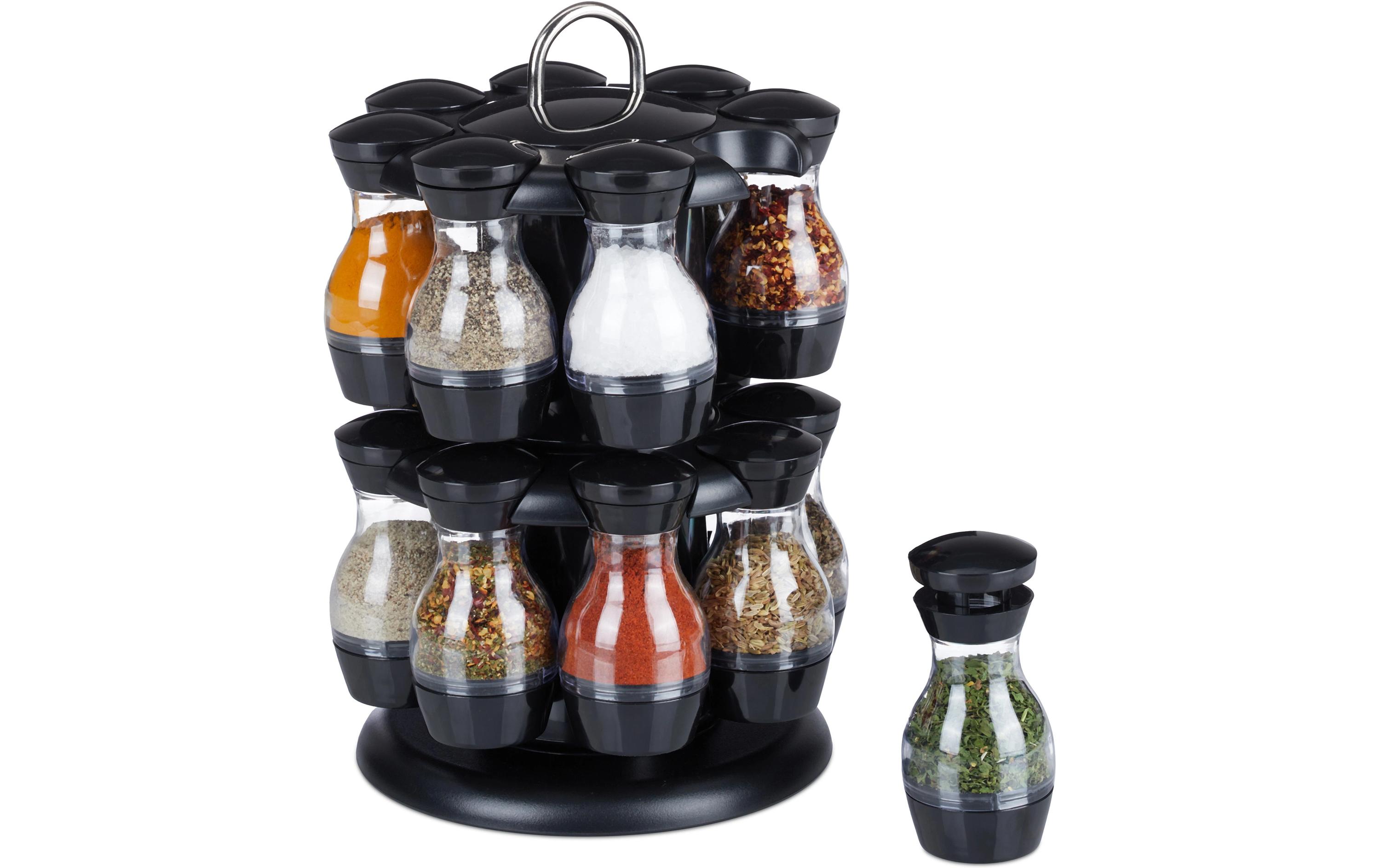 relaxdays Gewürzkarussell 16er Set Schwarz/Transparent