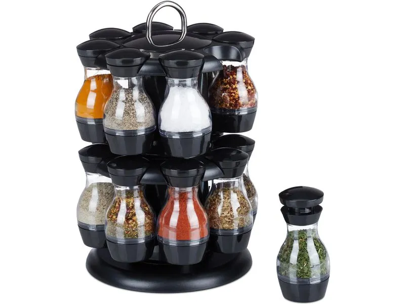 relaxdays Gewürzkarussell 16er Set Schwarz/Transparent