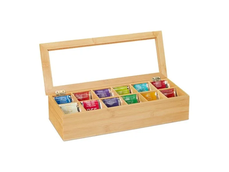 relaxdays Teebeutel-Box 12 Fächer, Hellbraun