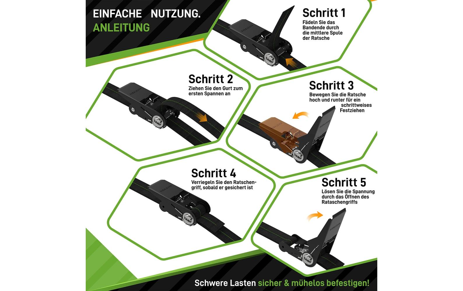 Hardtwerk Spanngurte mit Ratschen 4 Stück, 6 Meter, Schwarz