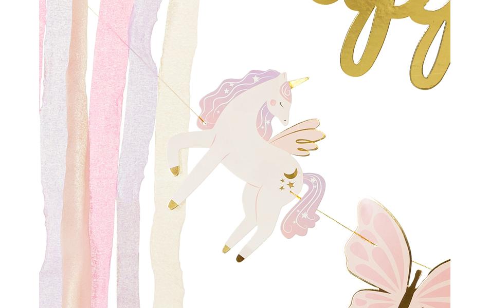 Partydeco Girlande Happy Birthday Einhörner, Rosa/Gold, 230 x 17.5 cm