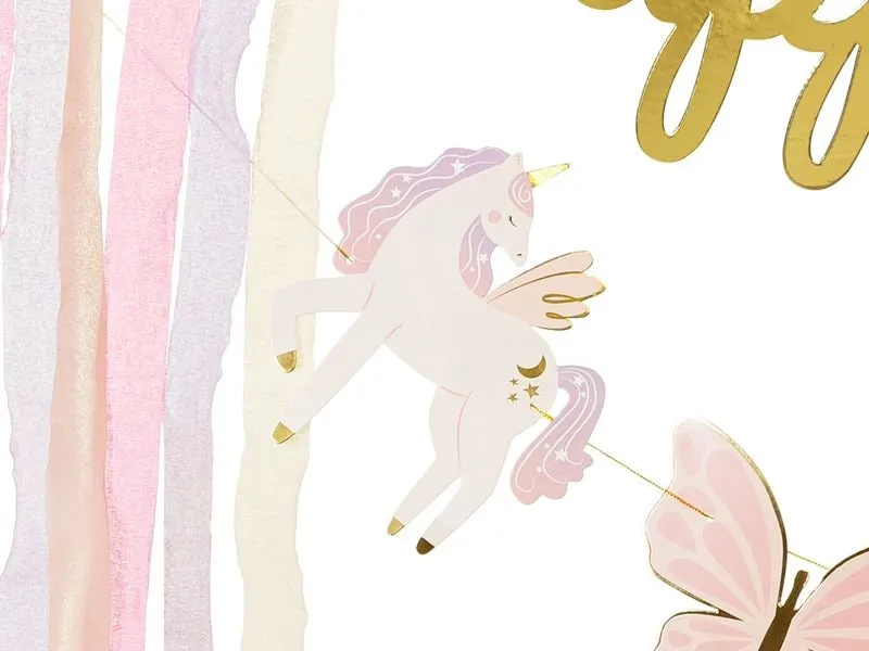 Partydeco Girlande Happy Birthday Einhörner, Rosa/Gold, 230 x 17.5 cm