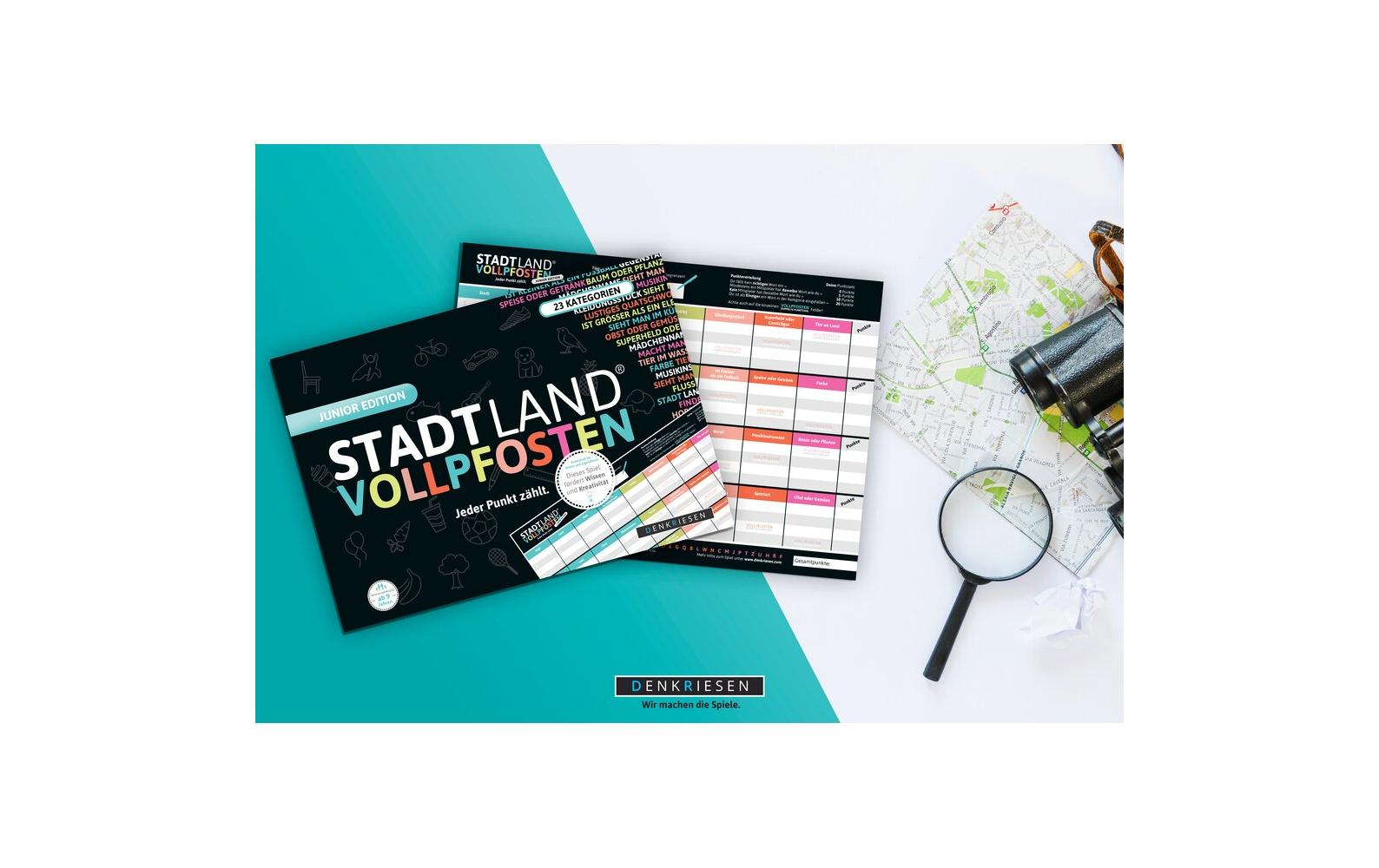 Denkriesen Partyspiel STADT LAND VOLLPFOSTEN – Junior Edition