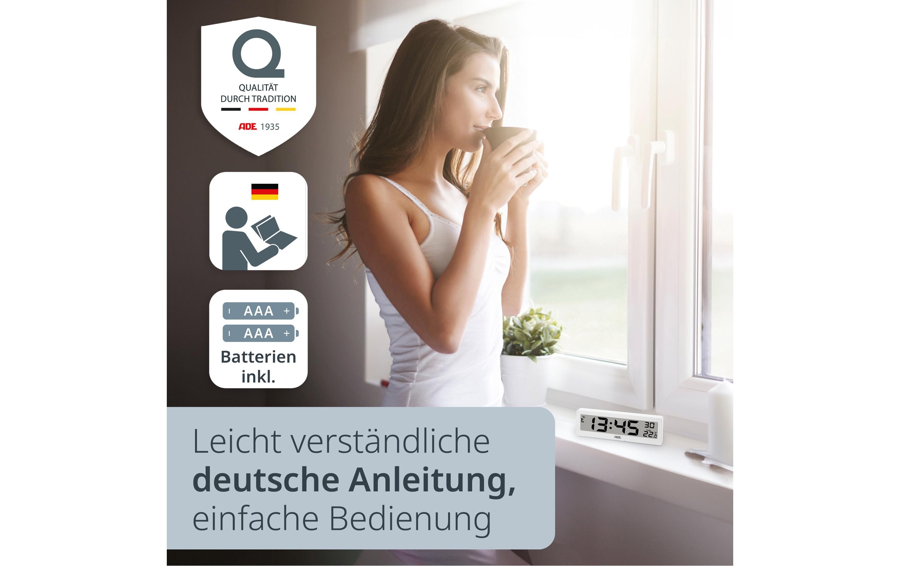 ADE Funkuhr DCF mit XXL-Ziffern digital Weiss