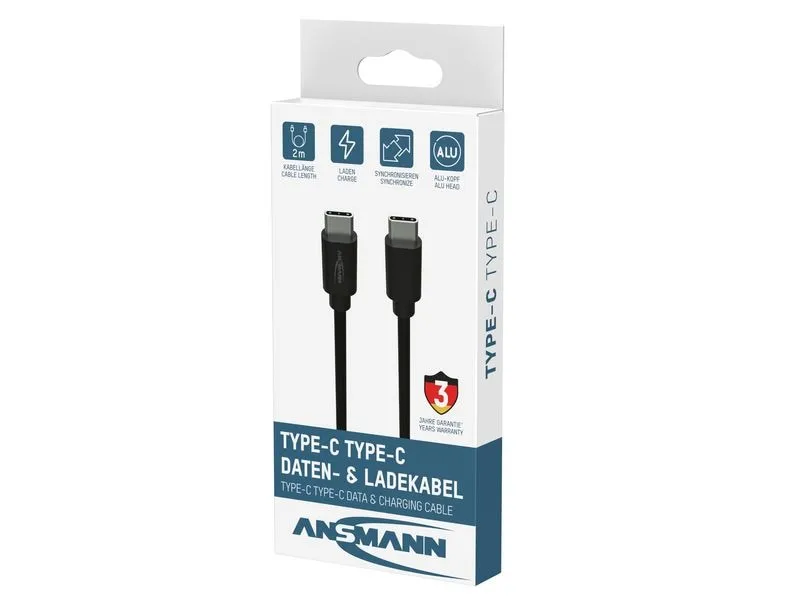 Ansmann USB Typ-C zu Typ-C Daten und Ladekabel 200 cm Ansmann USB Typ-C zu Typ-C Daten und Ladekabel 200 cm