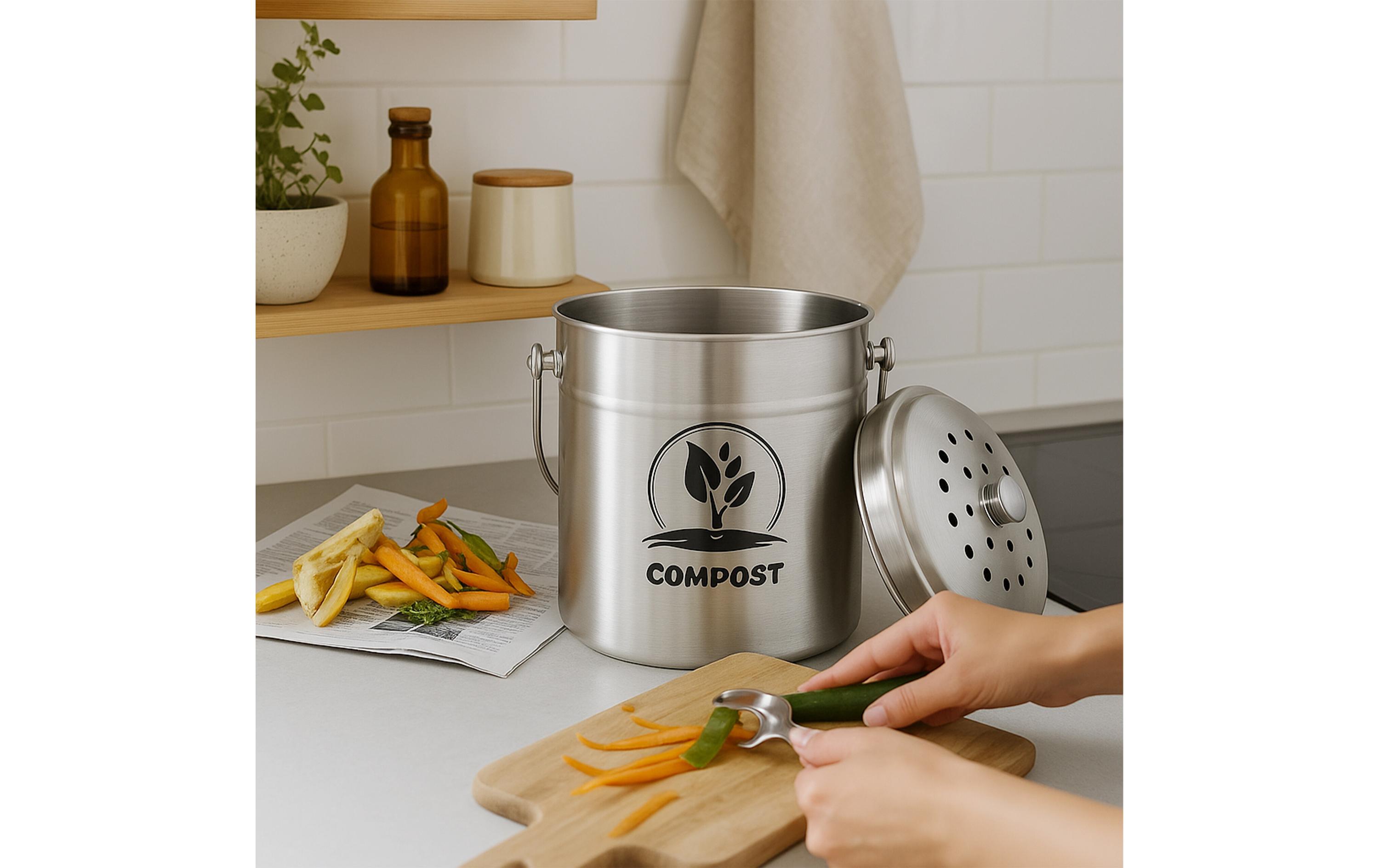 relaxdays Komposteimer mit Geruchsfilter 5 l, Schwarz/Silber