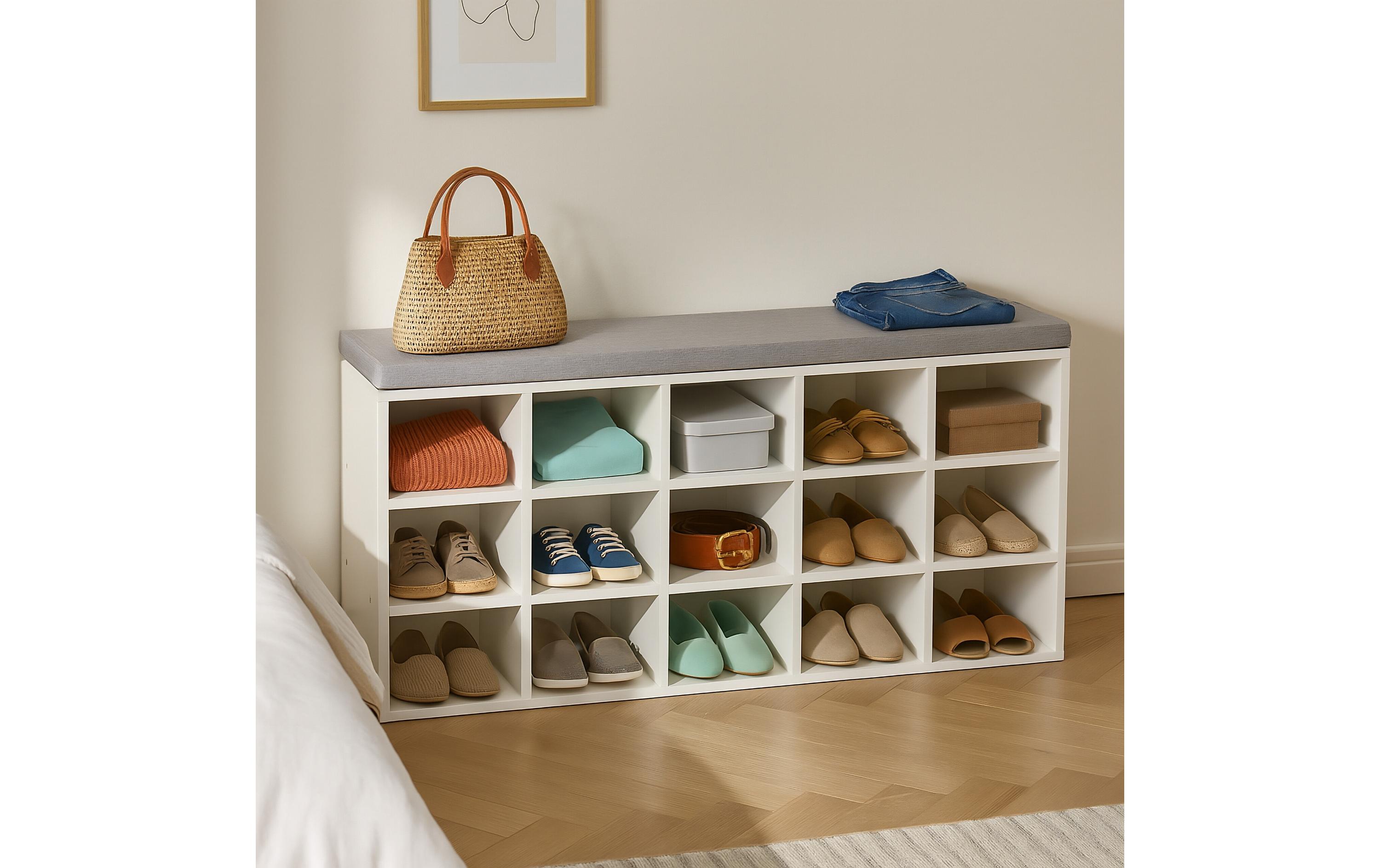 relaxdays Schuhbank mit Sitzfläche mit 15 Fächern, Grau/Weiss