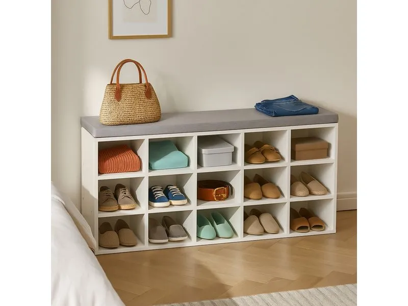 relaxdays Schuhbank mit Sitzfläche mit 15 Fächern, Grau/Weiss relaxdays Schuhbank mit Sitzfläche mit 15 Fächern, Grau/Weiss