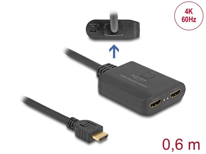 Delock 2-Port Signalsplitter HDMI – HDMI 4K 60 Hz mit Downscaler