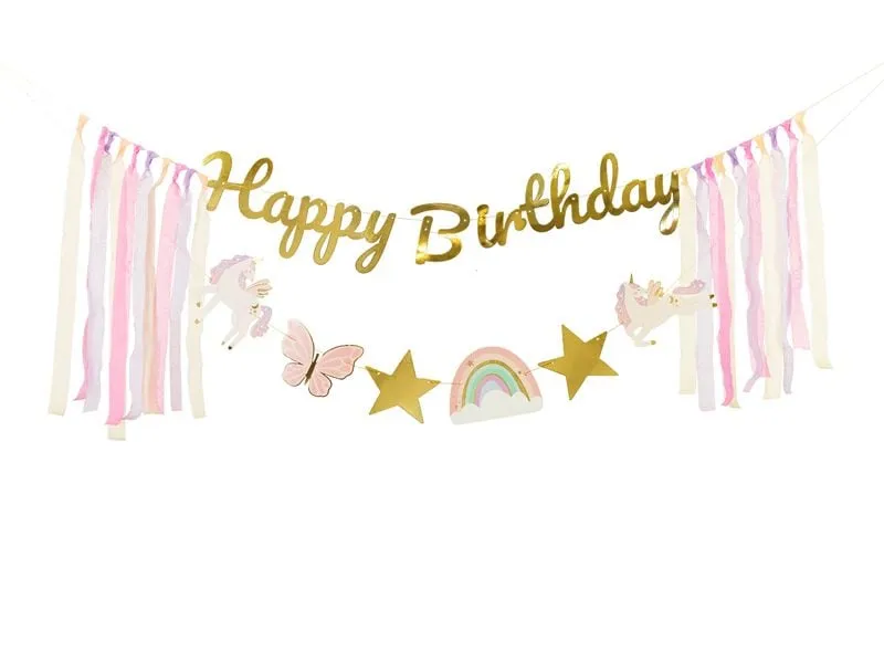Partydeco Girlande Happy Birthday Einhörner, Rosa/Gold, 230 x 17.5 cm