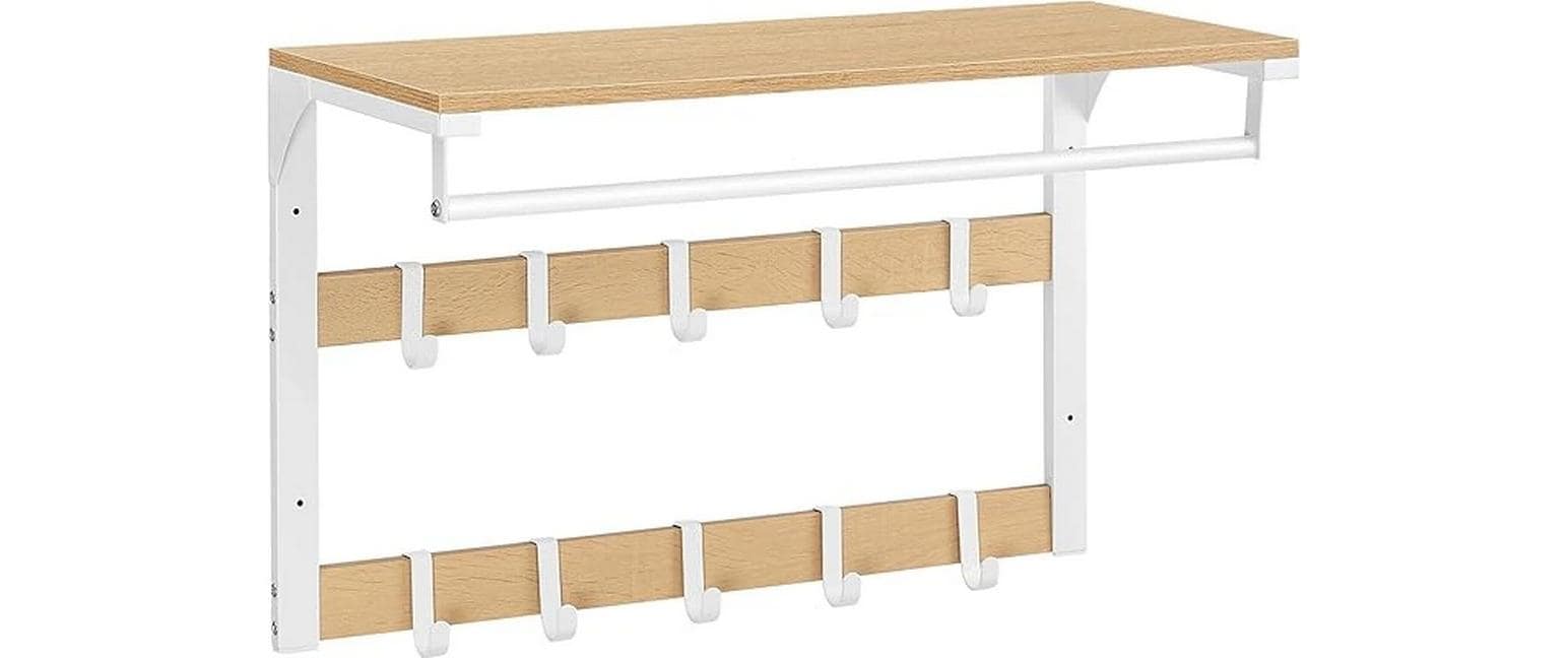 VASAGLE Wandgarderobe mit 10 Haken 65 cm x 42 cm, Weiss/Braun