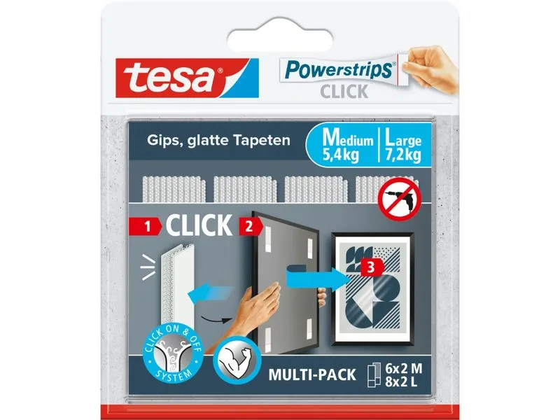 tesa Montagestreifen Powerstrips CLICK 6 Paar M, 8 Paar L