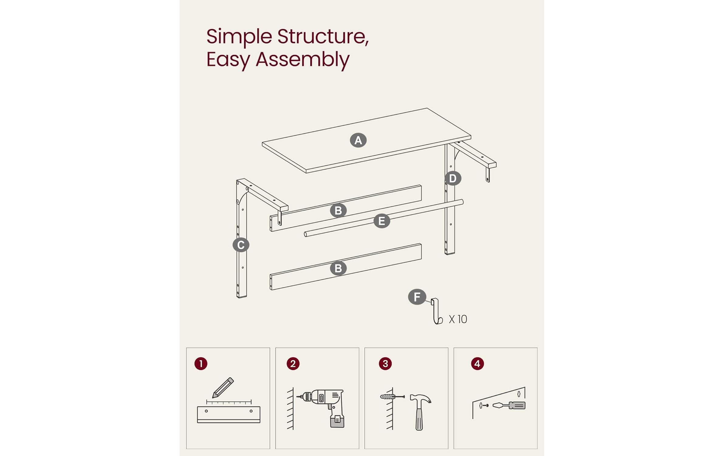 VASAGLE Wandgarderobe mit 10 Haken 65 cm x 42 cm, Weiss/Braun