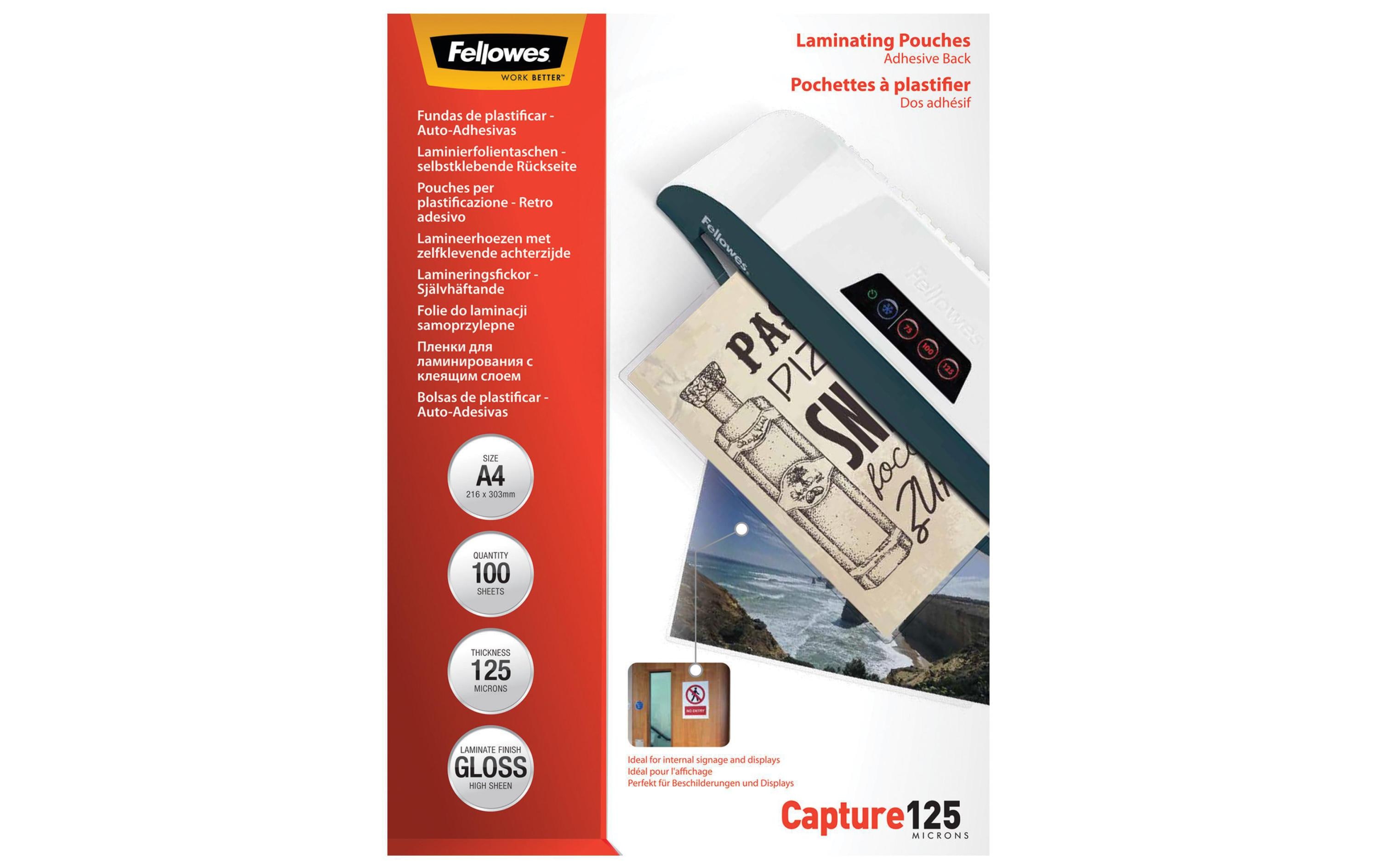 Fellowes Laminierfolie A4, 125 µm, 100 Stück, Glänzend, Selbstklebend Fellowes Laminierfolie A4, 125 µm, 100 Stück, Glänzend, Selbstklebend