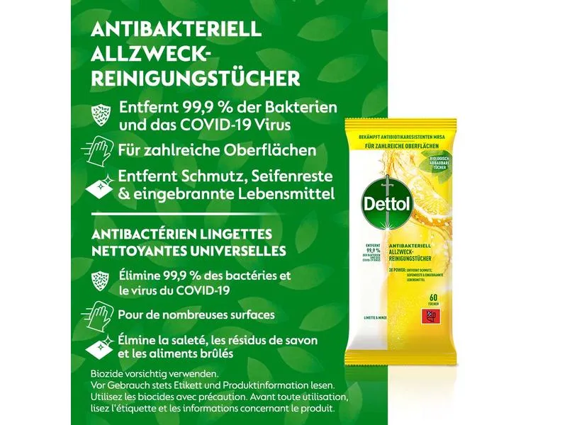 Dettol Allzweck-Reinigungstücher Limette & Minze 60 Stück Dettol Allzweck-Reinigungstücher Limette & Minze 60 Stück