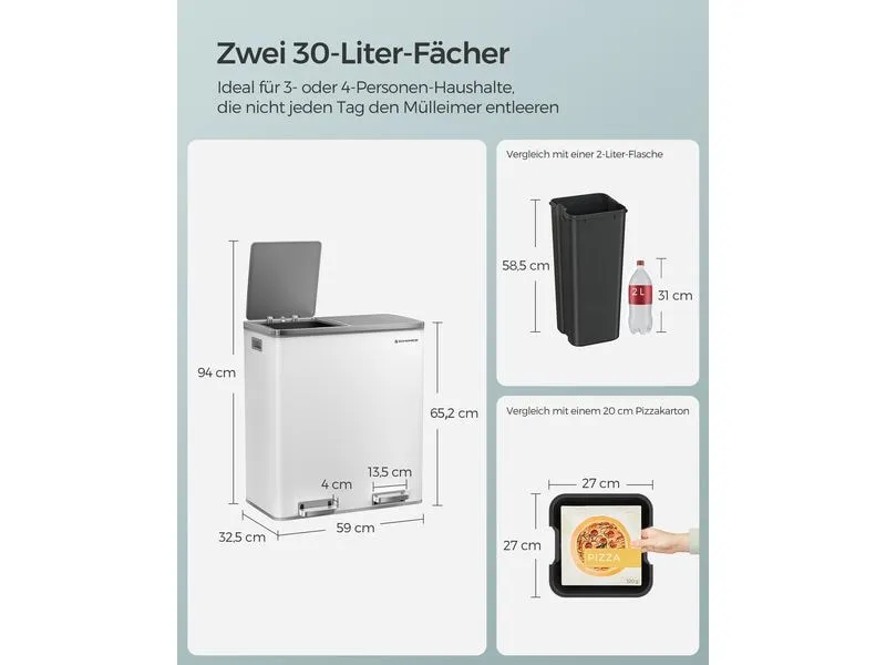 Songmics Abfalleimer Mülleimer 60 l, Weiss