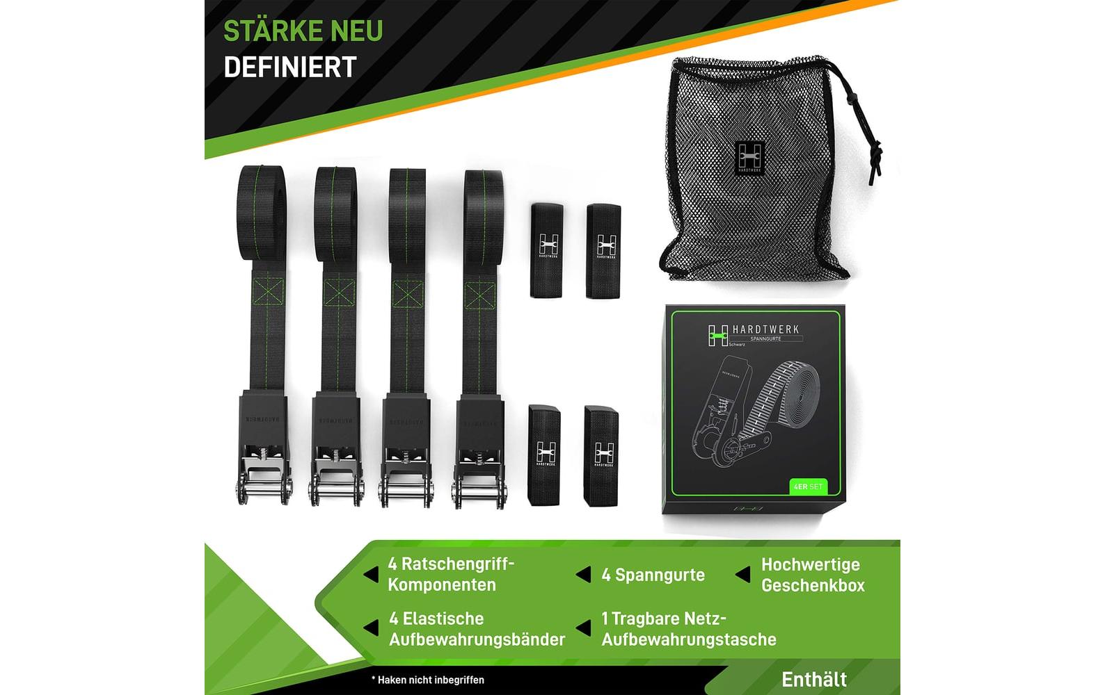 Hardtwerk Spanngurte mit Ratschen 4 Stück, 6 Meter, Schwarz