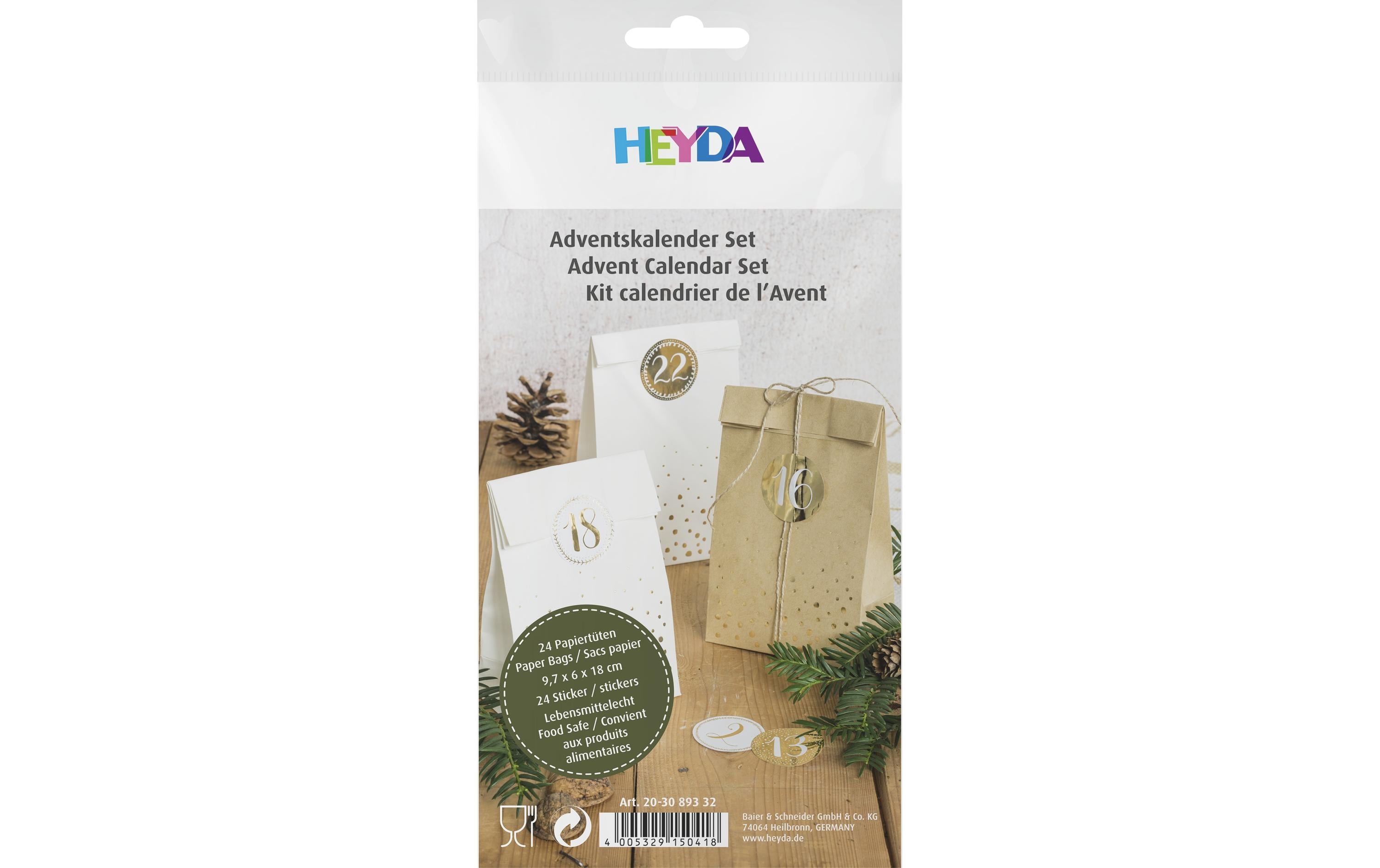 Heyda Adventskalender Set 18 x 9.7 x 6 cm, Gold/Natur/Weiss