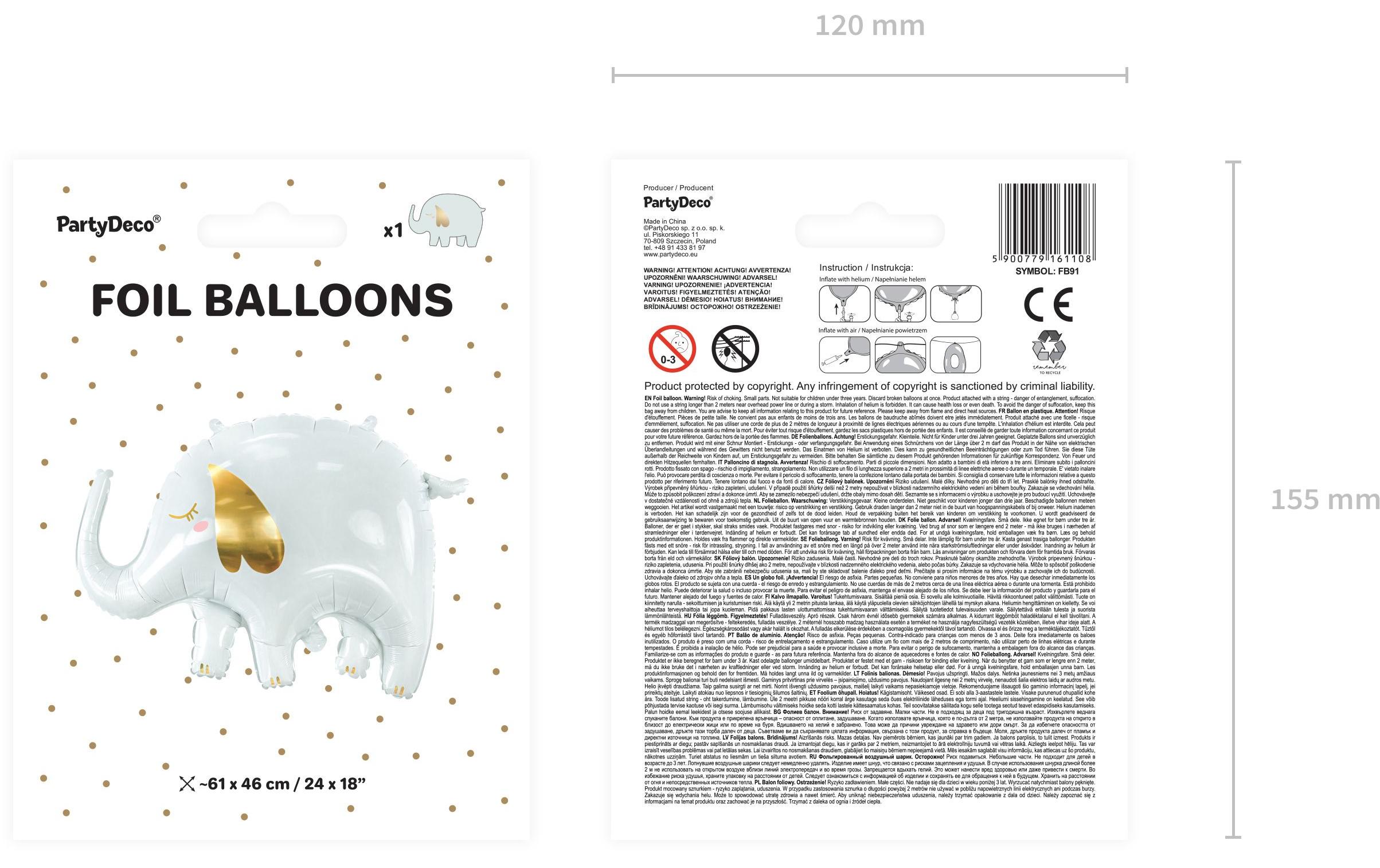 Partydeco Folienballon Elephant Gold/Weiss