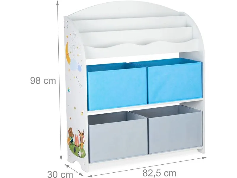 relaxdays Spielregal, 4 Boxen, 3 Bücherfächer