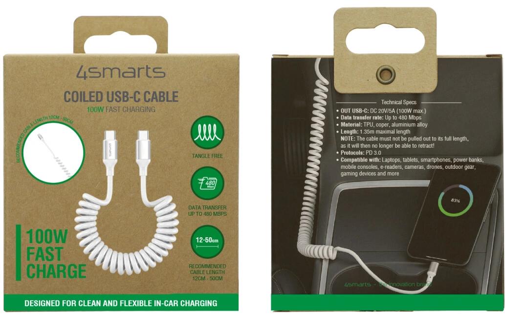 4smarts USB 2.0-Spiralkabel USB C - USB C 1.35 m Weiss