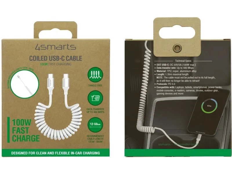 4smarts USB 2.0-Spiralkabel USB C - USB C 1.35 m Weiss