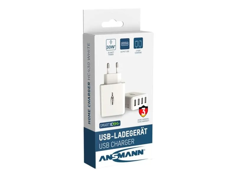 Ansmann USB-Wandladegerät Home Charger HC430, 4x USB, 30 W, Weiss Ansmann USB-Wandladegerät Home Charger HC430, 4x USB, 30 W, Weiss