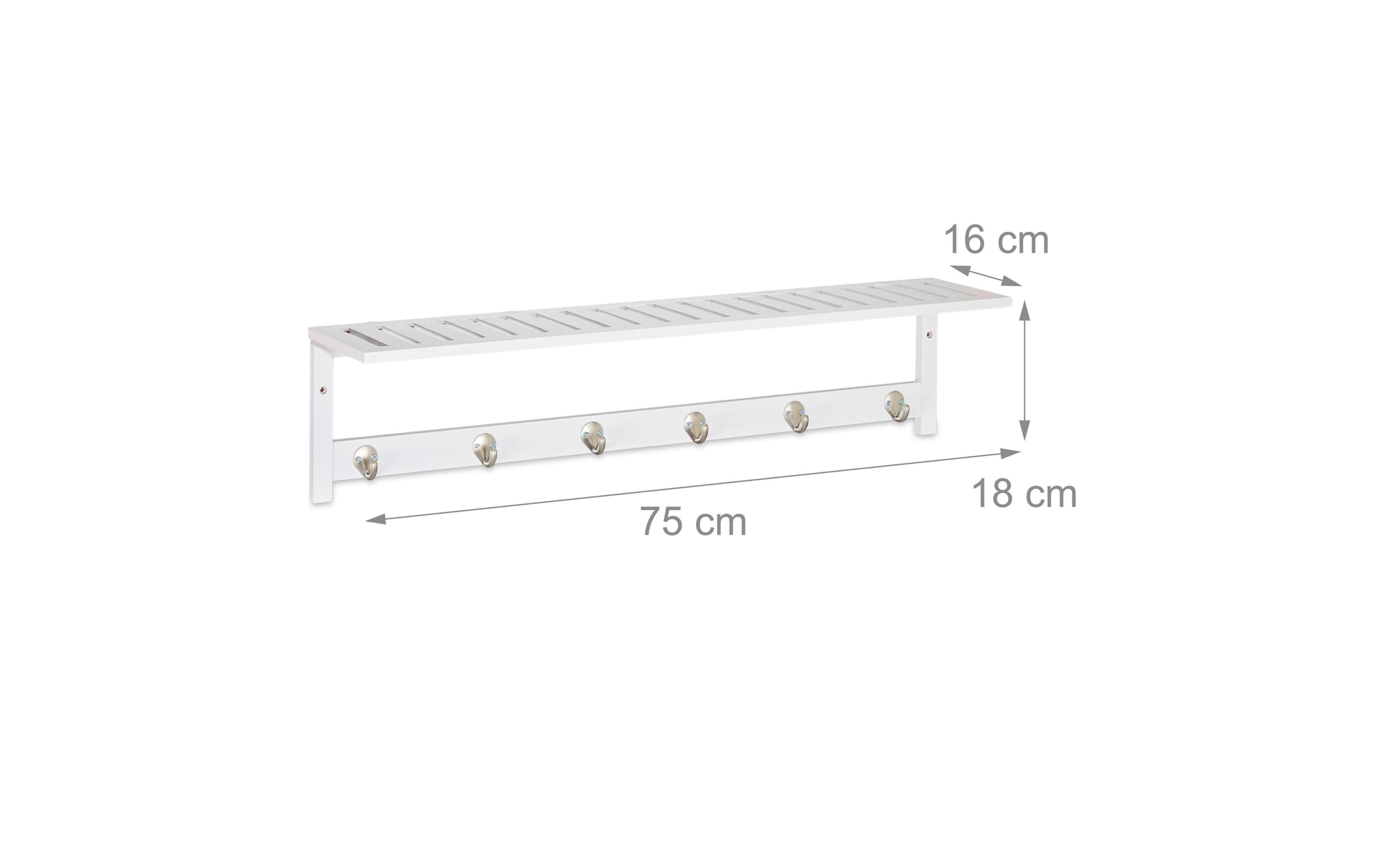 relaxdays Wandgarderobe mit Ablage 6 Haken, Weiss
