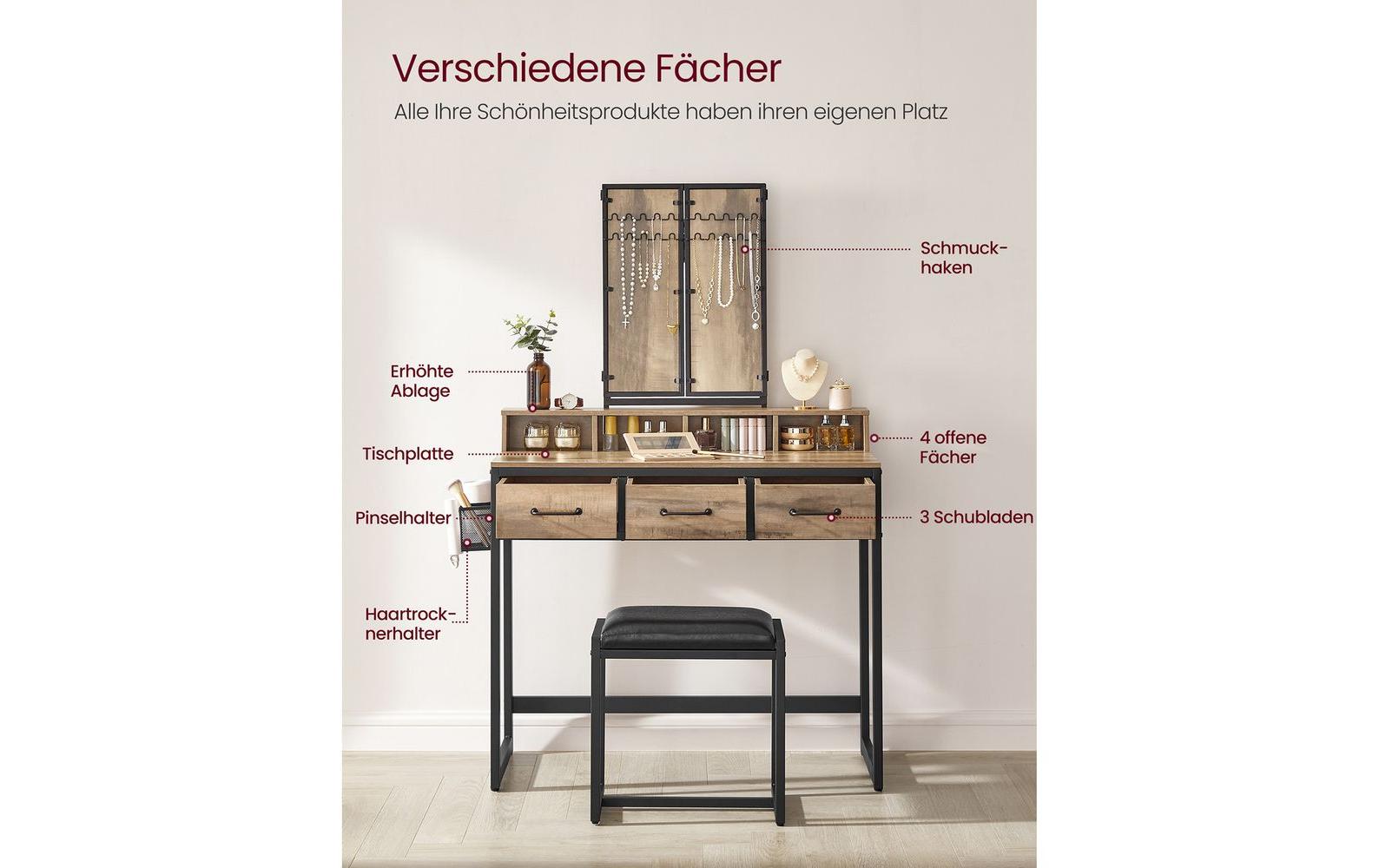 VASAGLE Schminktisch mit Hocker und Spiegel Vintage braun/Schwarz