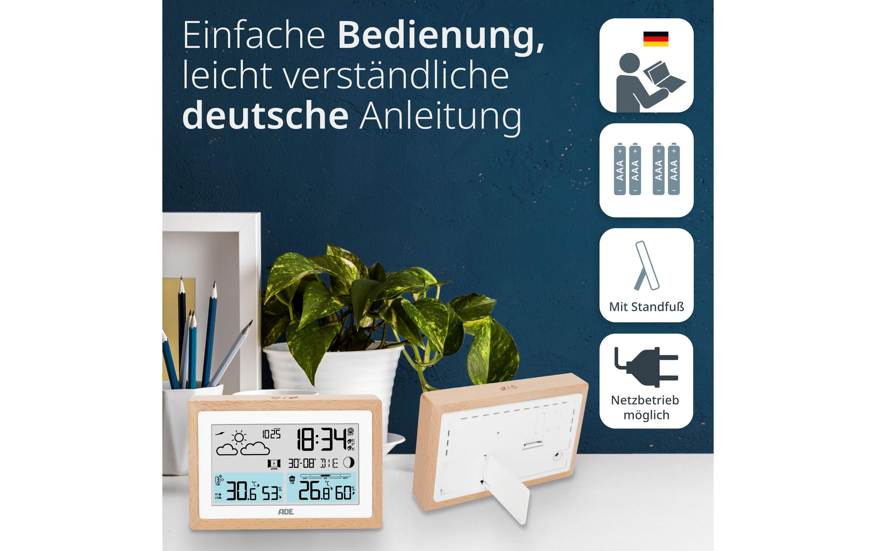 ADE Wetterstation mit Funk-Aussensensor Holz-Weiss