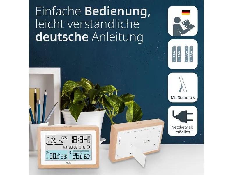 ADE Wetterstation mit Funk-Aussensensor Holz-Weiss