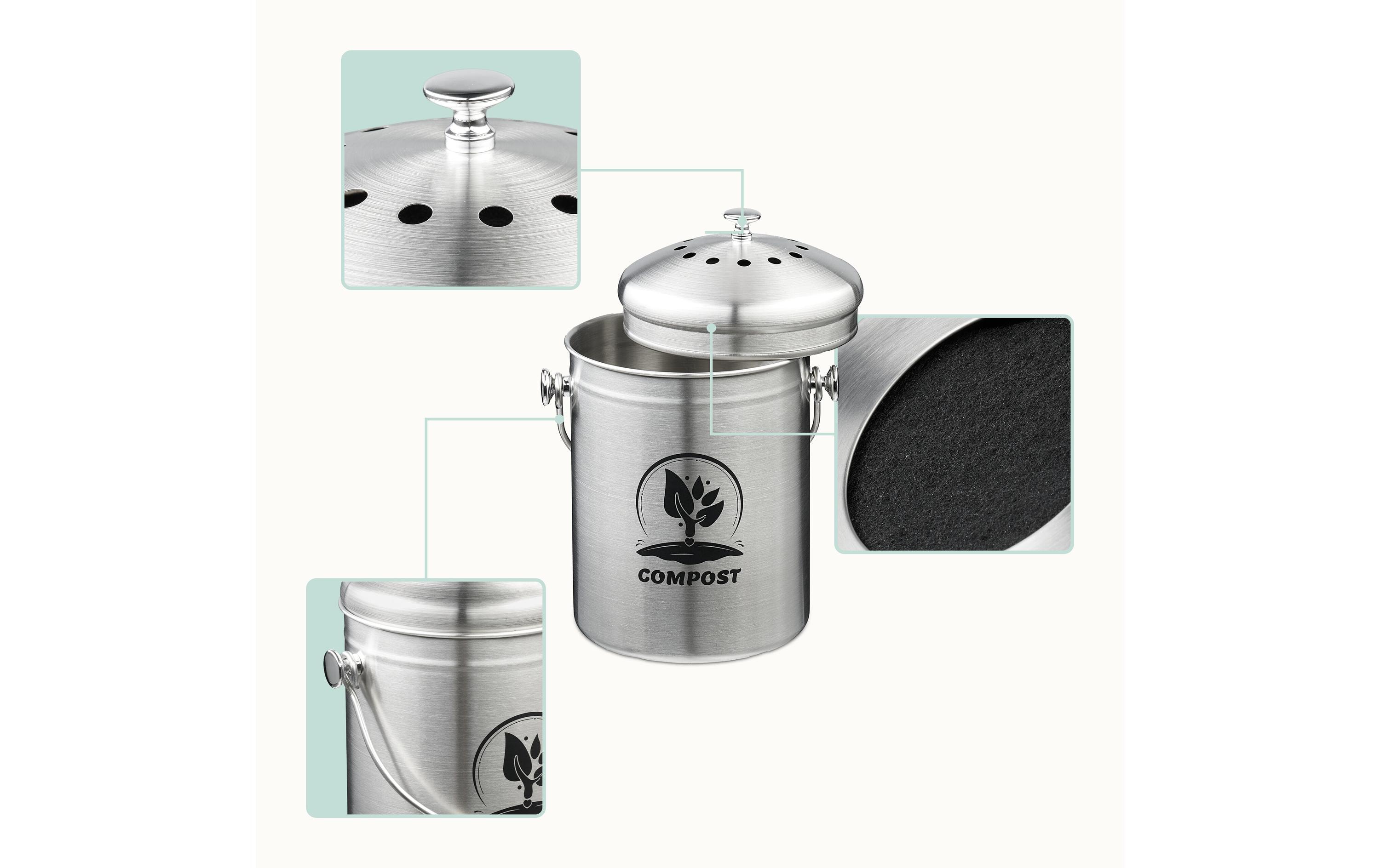 relaxdays Komposteimer mit Geruchsfilter 5 l, Schwarz/Silber