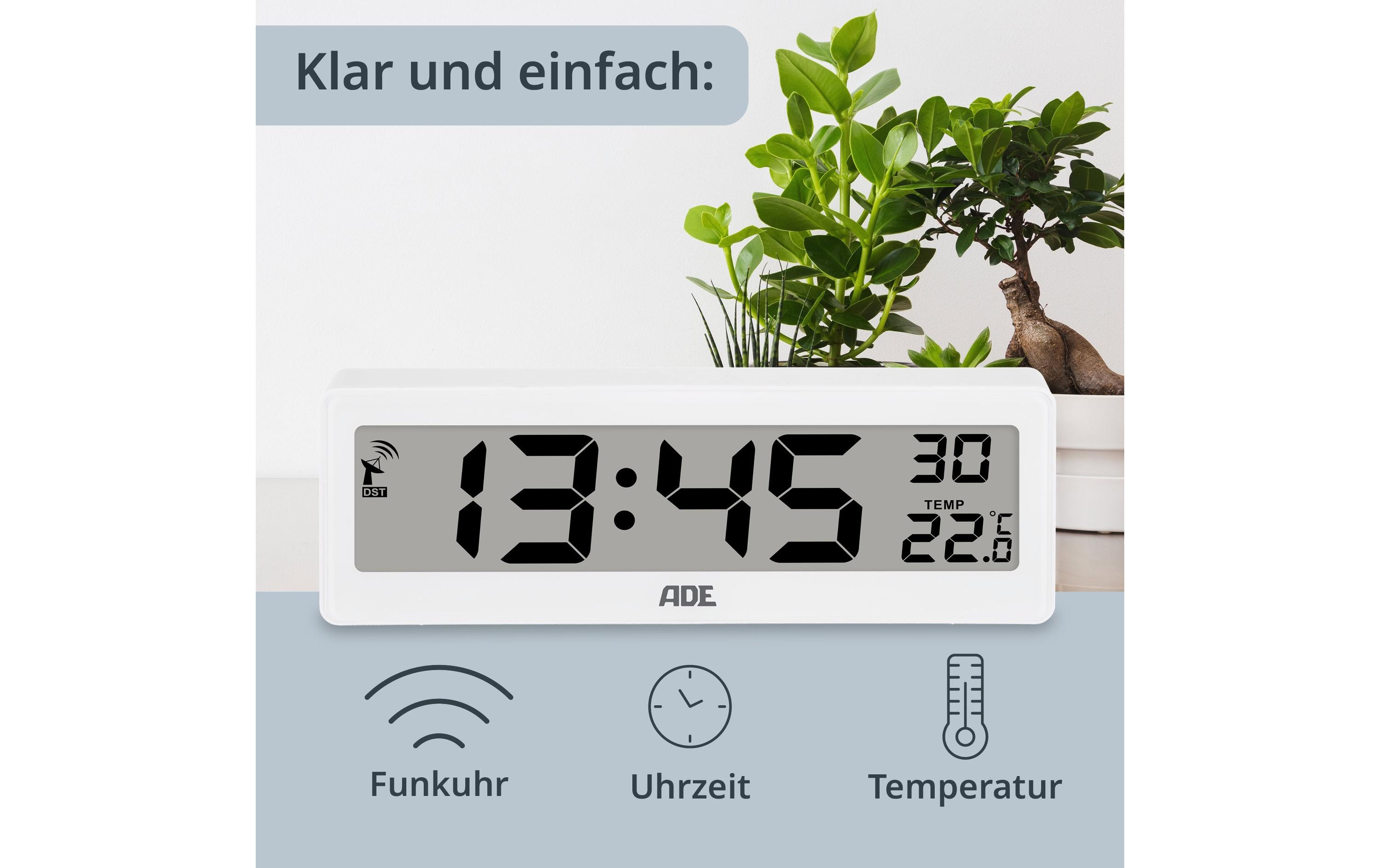 ADE Funkuhr DCF mit XXL-Ziffern digital Weiss