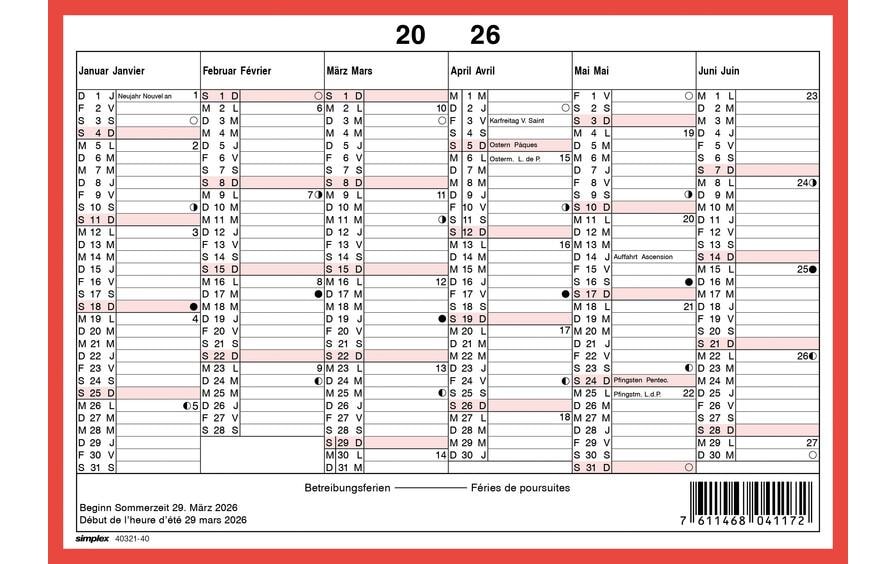 Simplex Kalender ohne Namenstage A5 Querformat, 2026 Simplex Kalender ohne Namenstage A5 Querformat, 2026