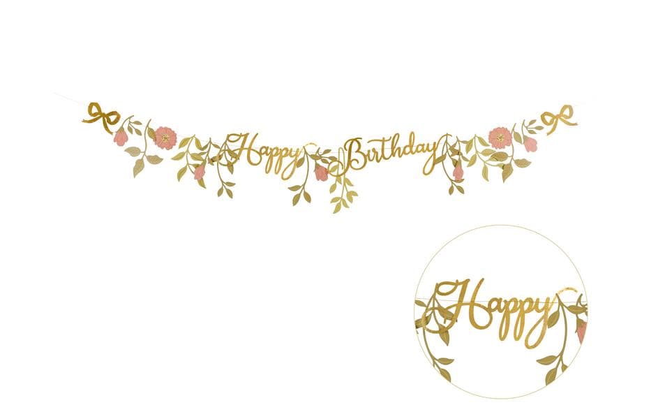 Partydeco Girlande Happy Birthday Blumen, Rosa/Gold, 1.3 m