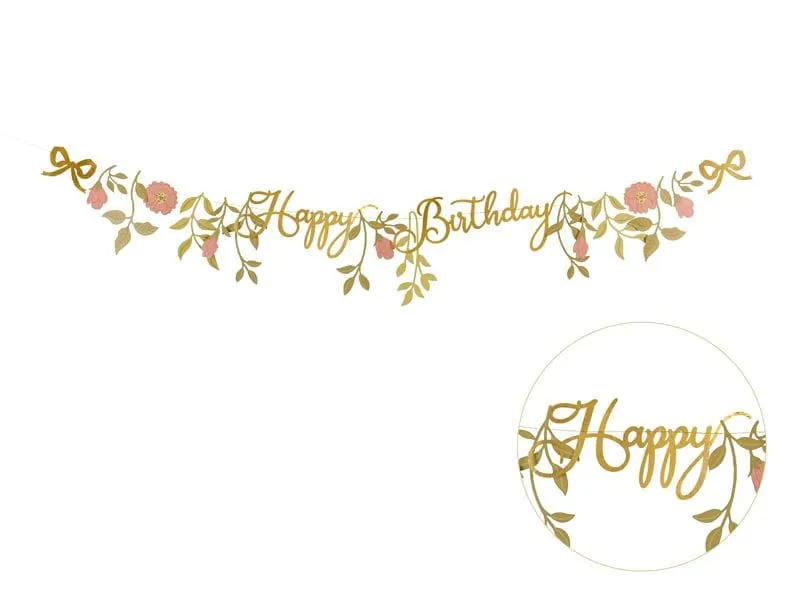 Partydeco Girlande Happy Birthday Blumen, Rosa/Gold, 1.3 m