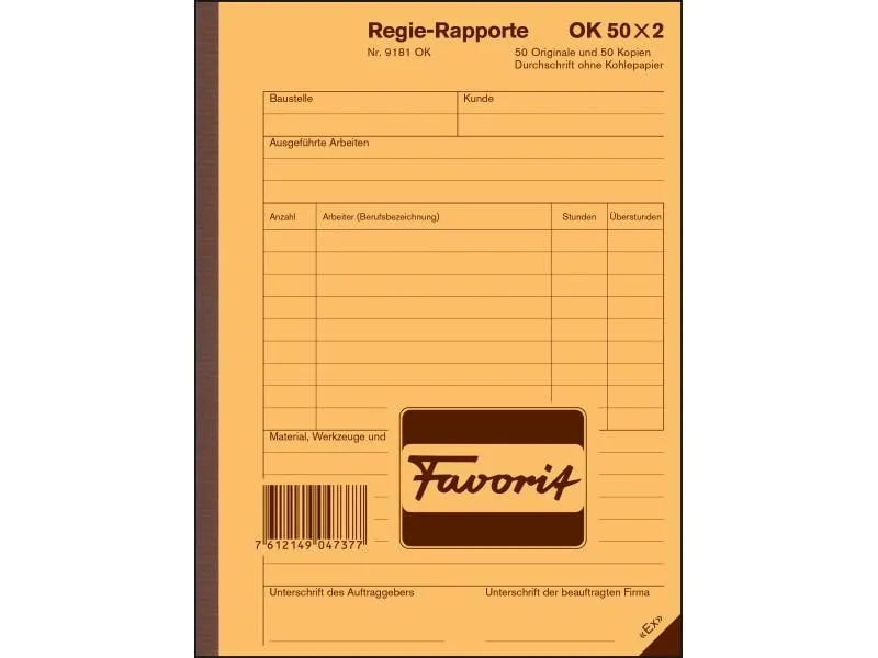 Favorit Durchschreibeblock 156 x 210 mm Regie-Rapporte, Weiss
