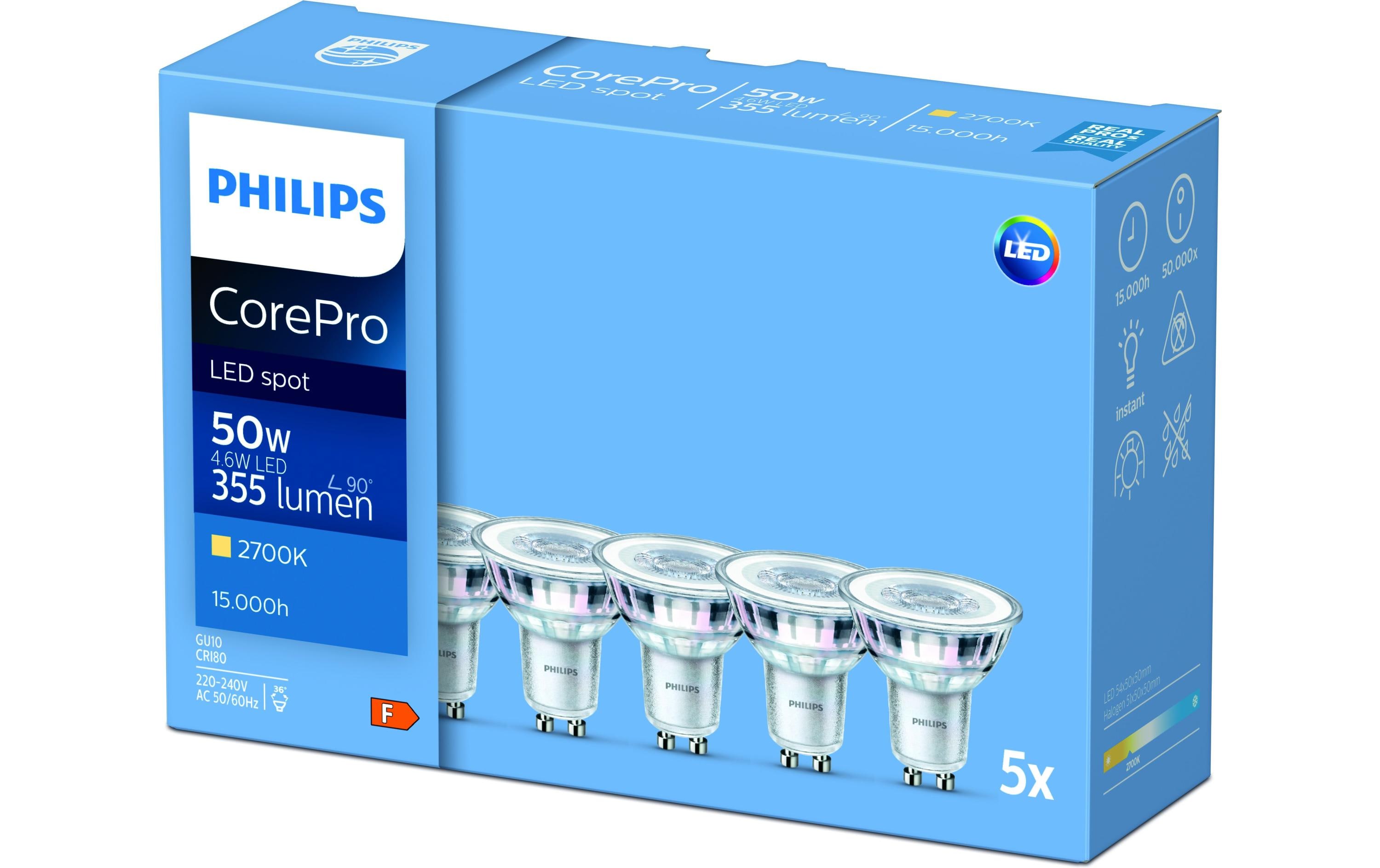 Philips Professional Lampe CorePro LEDspot 4.6-50W GU10 827 36D 5 Stk. Philips Professional Lampe CorePro LEDspot 4.6-50W GU10 827 36D 5 Stk.