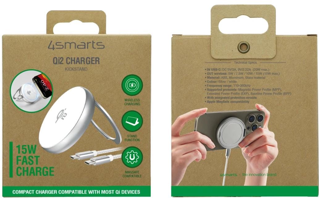 4smarts Wireless Charger Kickstand Qi2 Silber / Weiss