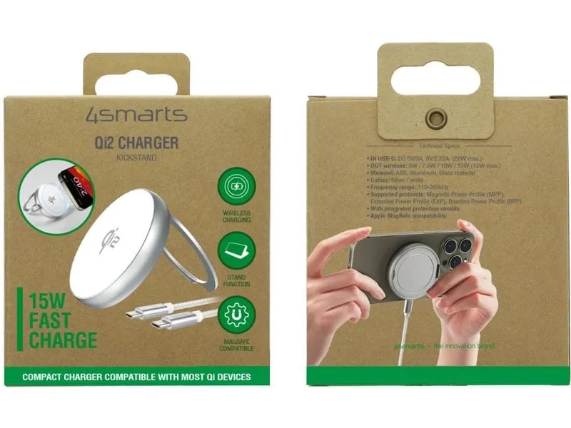 4smarts Wireless Charger Kickstand Qi2 Silber / Weiss 4smarts Wireless Charger Kickstand Qi2 Silber / Weiss