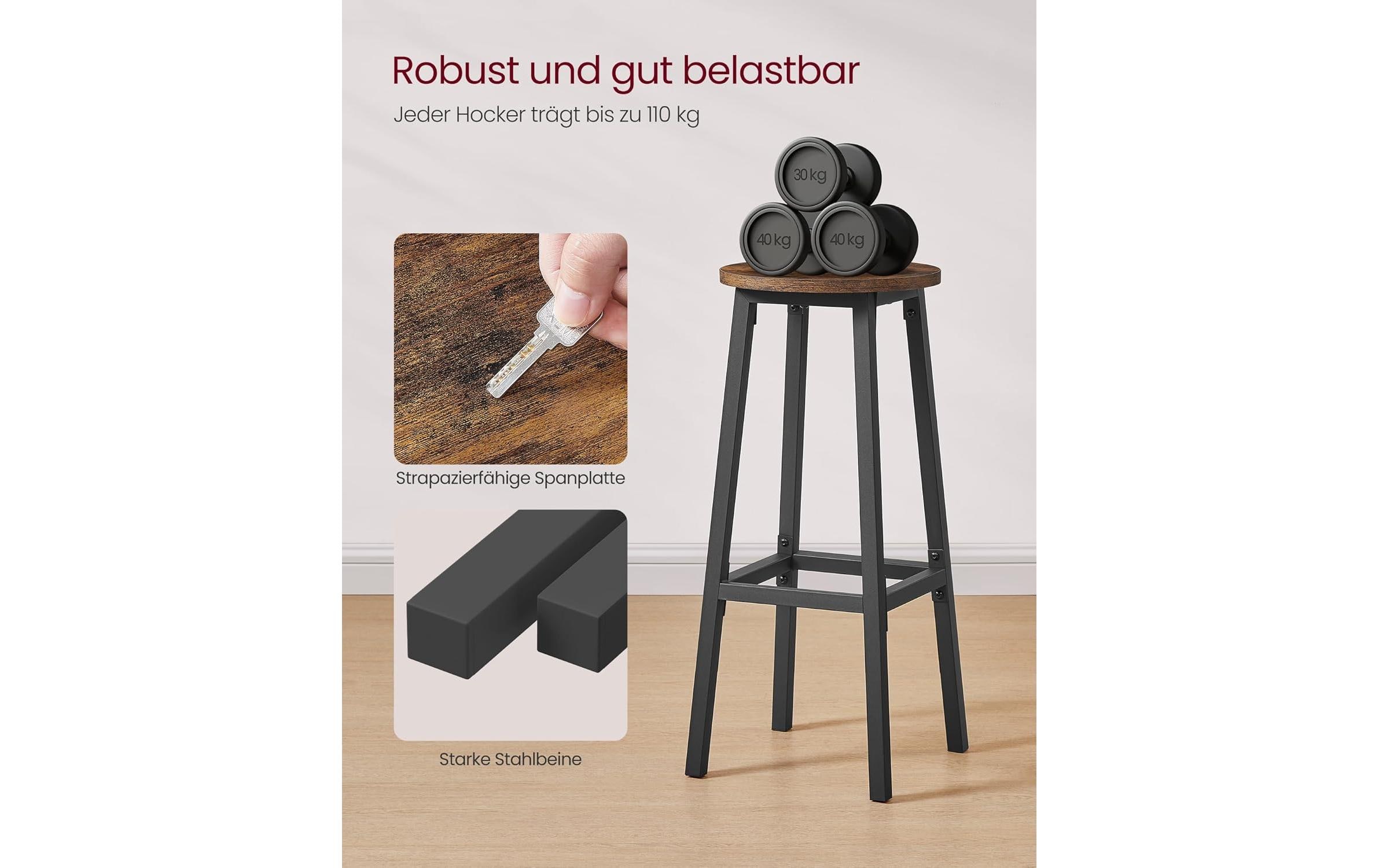 VASAGLE Barhocker Barhocker 2er Set, Schwarz/Braun