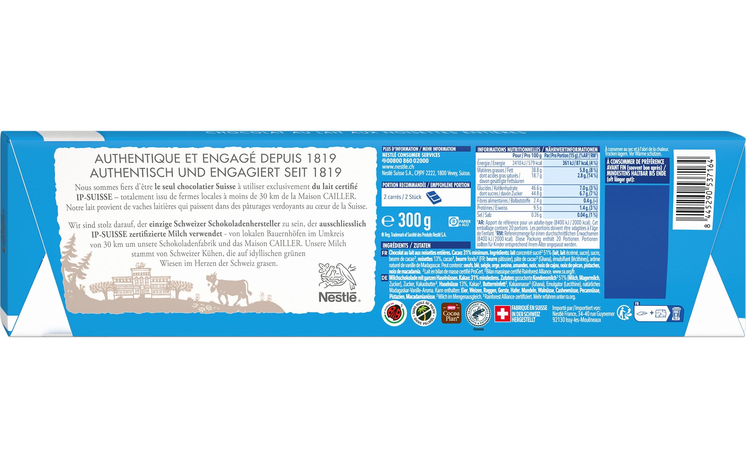 Cailler Tafelschokolade Milch Haselnuss 300 g