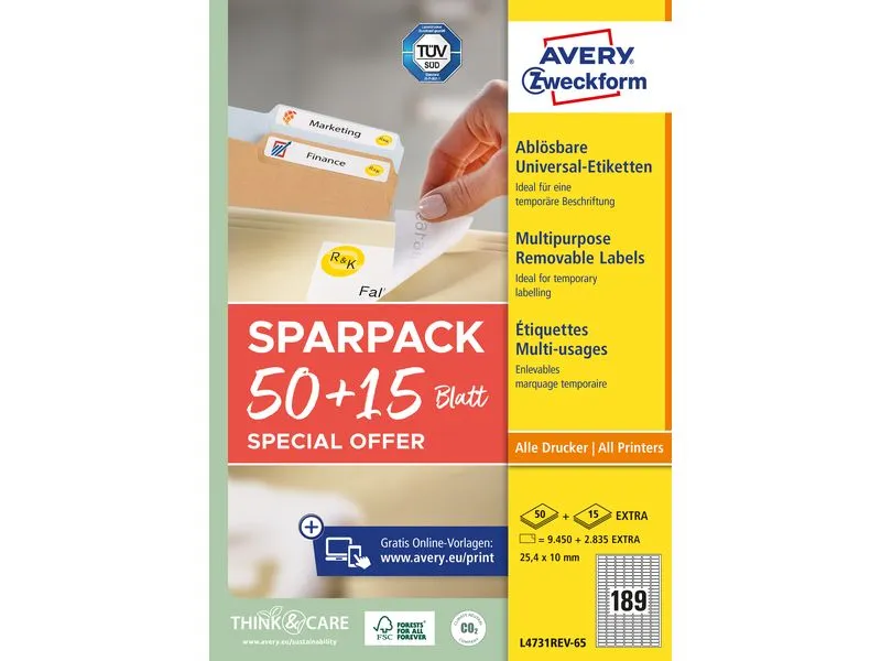 Avery Zweckform Universal-Etiketten L4731REV-65, 25.4 x 10 mm, 65 Blatt Avery Zweckform Universal-Etiketten L4731REV-65, 25.4 x 10 mm, 65 Blatt