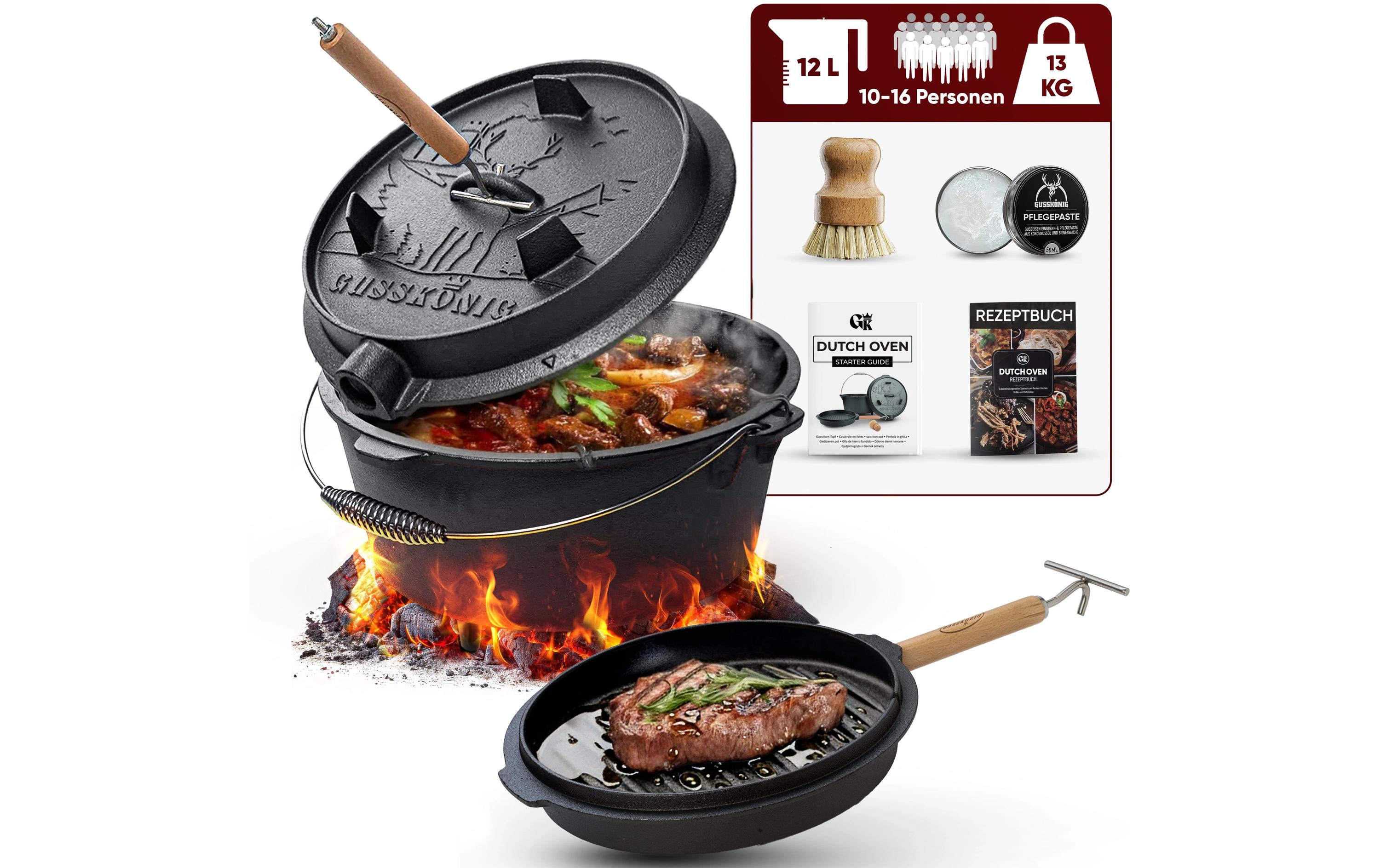 Gusskoenig Dutch Oven Set 12 l mit 2in1 Deckelheber mit Füssen