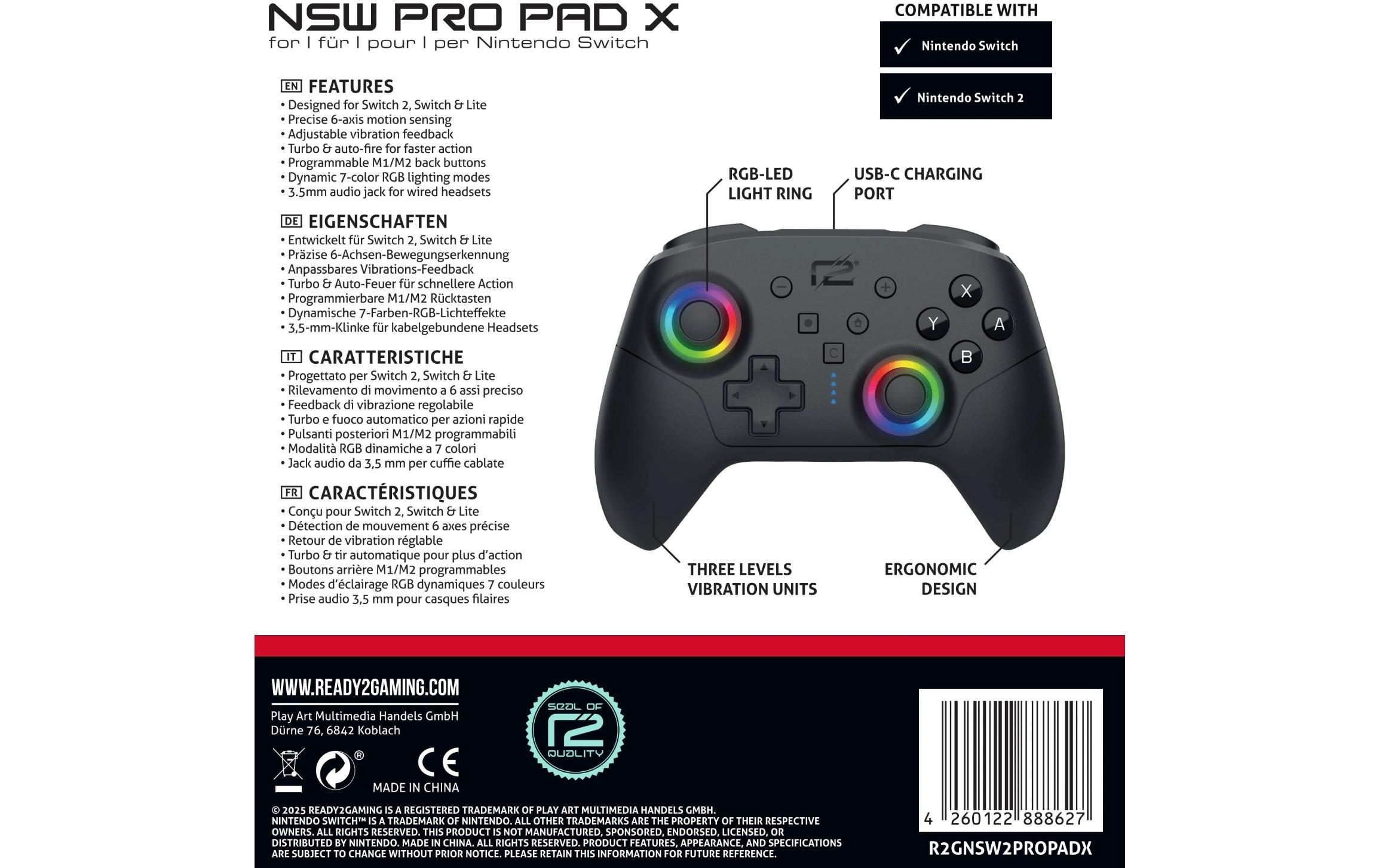GAME Controller Pro Pad X2 LED Edition Schwarz für NSW 2