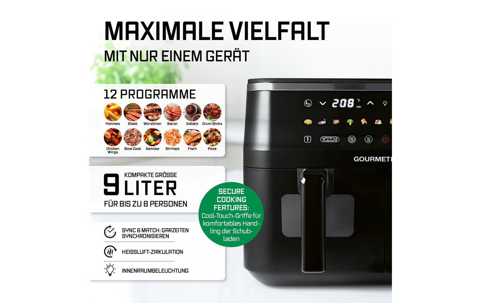 GOURMETmaxx Heissluft-Fritteuse mit Doppelkorb, 9 l
