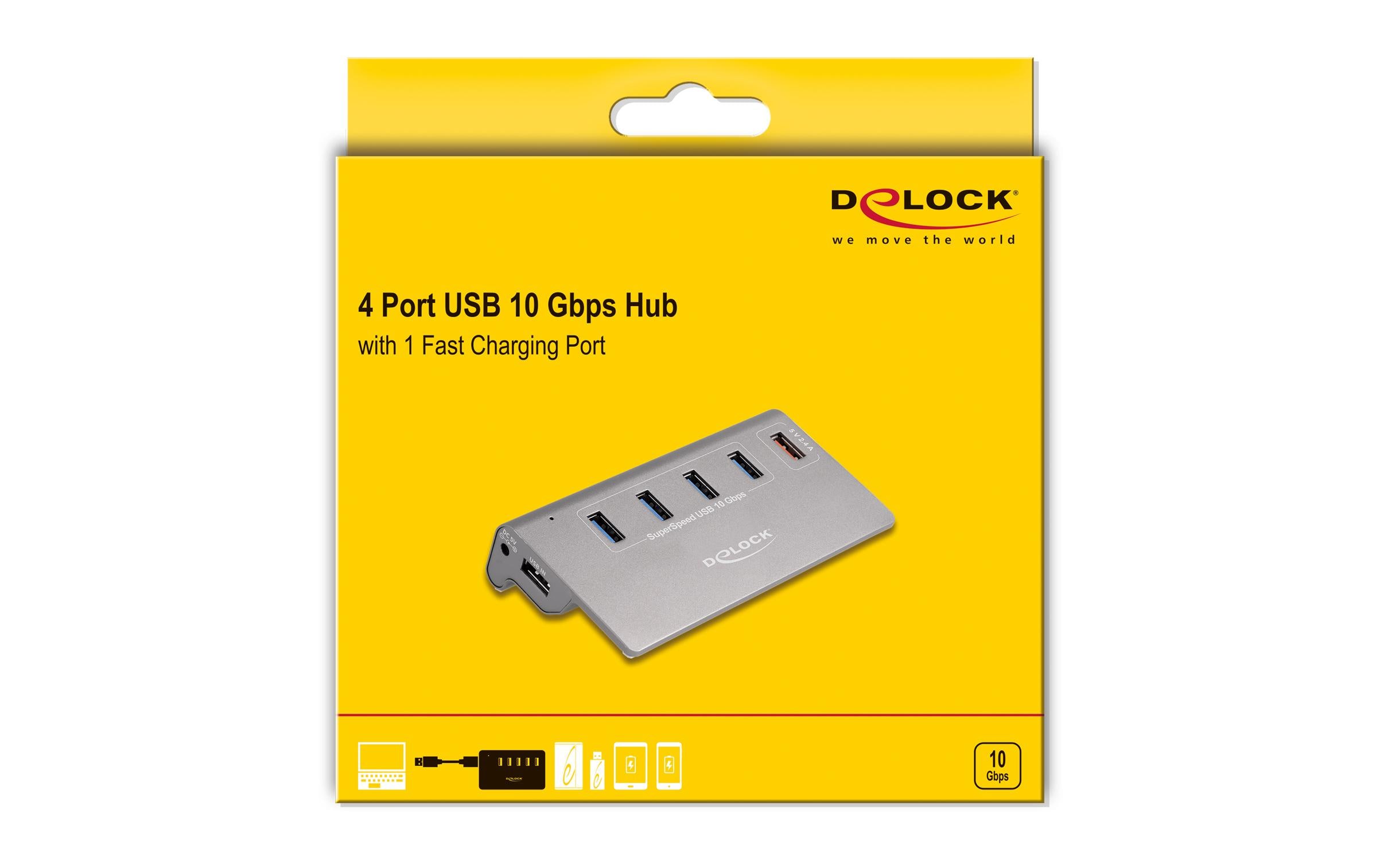 Delock USB-Hub 64182 USB 10 Gbps - 4x USB-A / 1x Schnellladeport